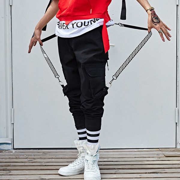 

2021 multi-pockets hip hop tape personality load casual man pants streetwear disco singer dress 3n64, White;black