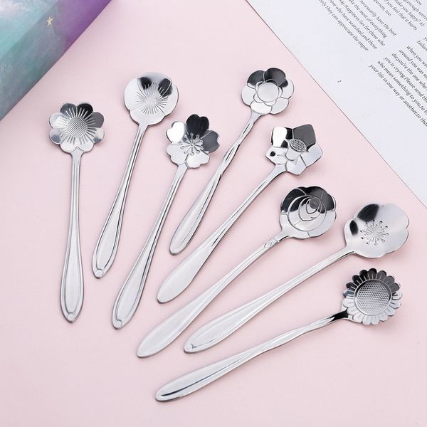 Forma de flor de aço inoxidável chá café colher colher de chá de açúcar de açúcar de açúcar flatware Ferramentas de cozinha 8 projetos rosa balão balão flor cosmos sunflower pansy