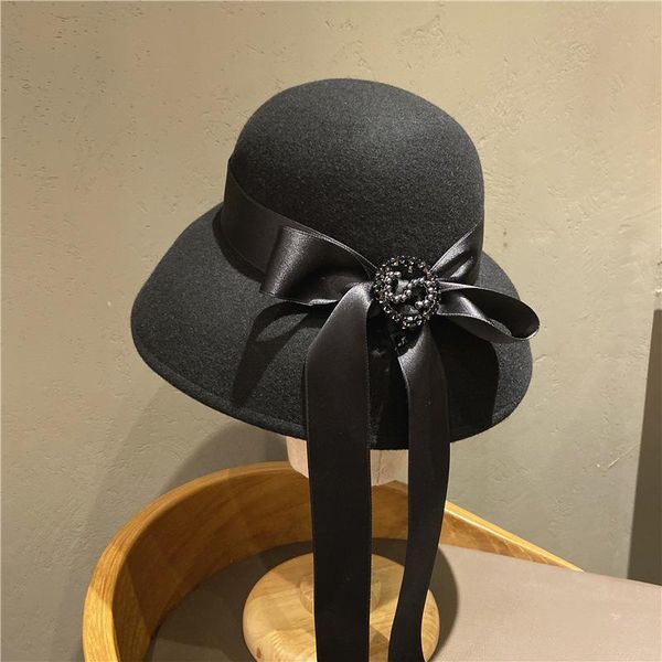 

French Retro Wool Hat Pearl Water Diamond Hard Top Fisherman's Hat Felt Curled Brim Big Eaves Round Top Basin, Blue;gray