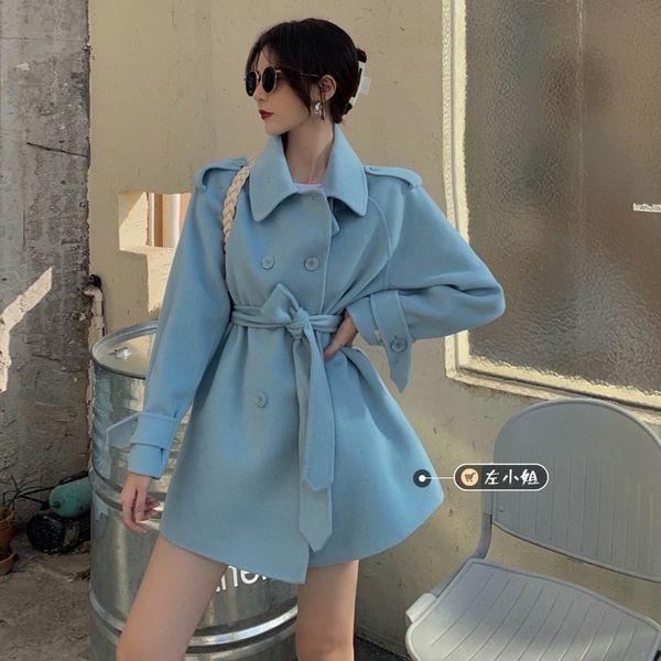 

autumn and winter 2020 new hepburn fried street waist closing temperament medium length nizi blue woolen coat woman, Black