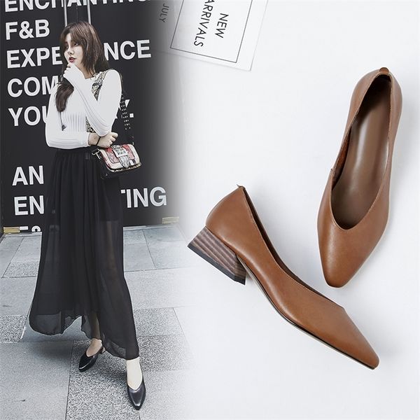 

ins genuine cow leather pointed toe office career all-match women pumps low heel shoes lj201112, Black