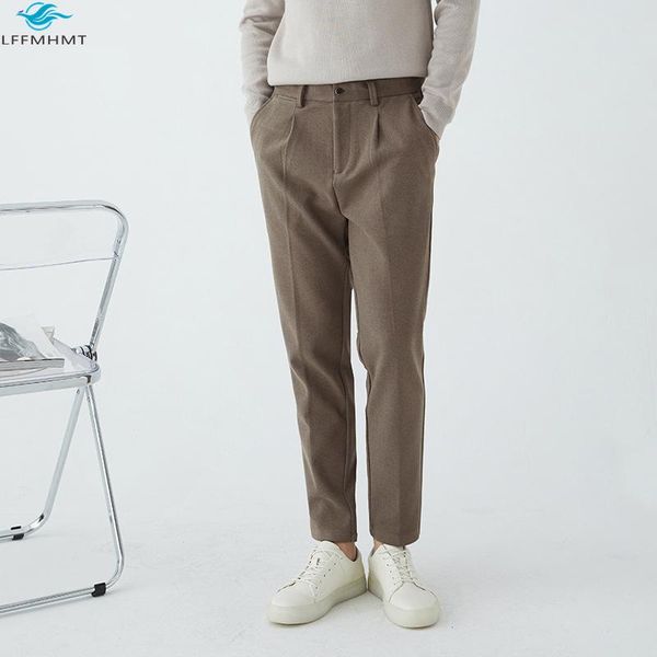 

men winter fashion solid color simple design straight trousers japan style thick woolen business casual suit pants, White;black