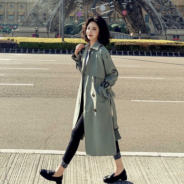 

women's autumn winter lapel trench longline raincoat pea mid-length korean-style loose coat with belt, Tan;black