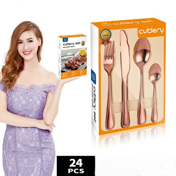 

24 pieces stainless steel flatware double lines design five pvd finishing tableware beautiful gift box packing