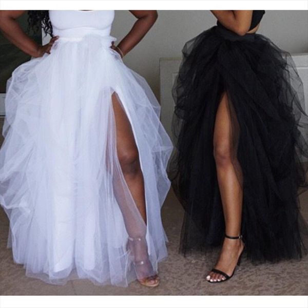 

fashion women maxi tulle skirt elastic high waist floor jupes front slit asymmetrical ladies party tutu skirt faldas mujer saia, Black