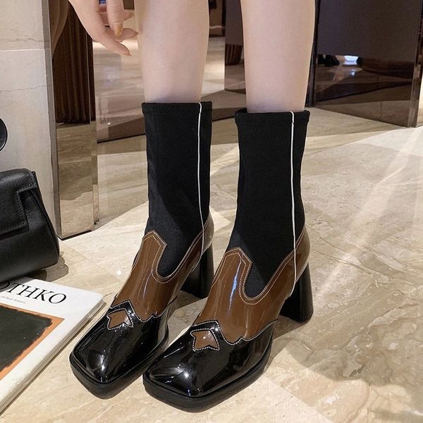

rimocy black brown patchwork patent leather mid calf boots women elastic square toe high heels boots woman slip on shoes female #xm0a