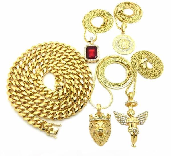 

christmas iced out hip hop red ruby, angel, lion, 12mm 30inch cuban chain 5pcs necklace set singer rapper bling accessories, Silver