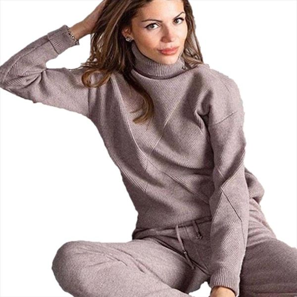 

mvgirlru womens knitting costume casual knit tracksuit turtleneck pullovers pants two piece sets female outfits, Gray
