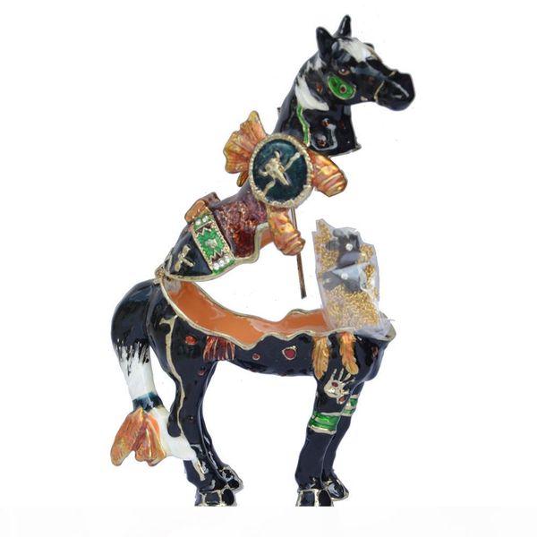 

decorative war horse crystal jewelry box decorative rhinestone trinket box collectible pewter metal horse statues figurines, Black;white
