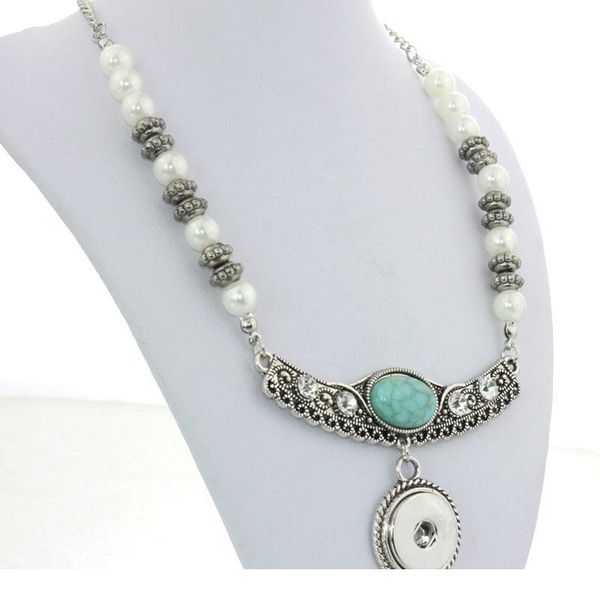 

2 colors bohemian 18mm metal snap button jewelry crystal green stone pearl pendant necklace for women vintage accessorie bbyirs, Silver