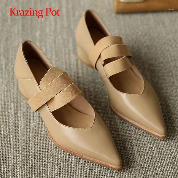 

krazing pot new simple style full grain leather gorgeous pointed toe med strange heels elastic band pretty girls women pumps l031, Black