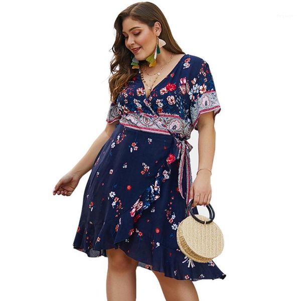 

boho fashion women flouncing mid-calf dress short sleeve v-neck high waist floral print summer beach dress plug size xl-4xl1, Black;gray