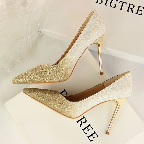 

2020 women 9.5cm thin high heels pumps glitter leather bright pointed toe scarpins female stiletto purple blue bling shoes #qg7i, Black