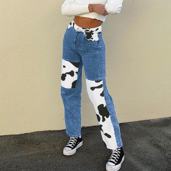 

missme cow print patchwork jeans pants women high waist baggy jeans denim straight pants loose pockets y2k, Blue