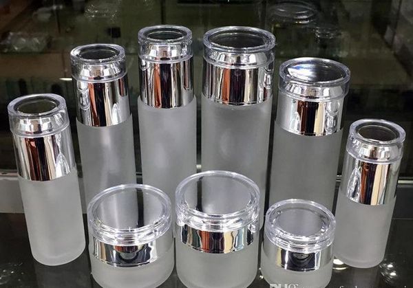 

empty refillable frosted glass pump spray bottle ideal for lotion essential oil, cream jars travel small container with bright silver