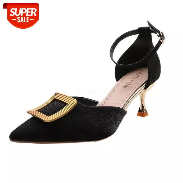 

high heels shoes for women rhinestone buckle designer pointed toe buckle strap zapatos de vestir mujer sandalia feminina #sf2n, Black