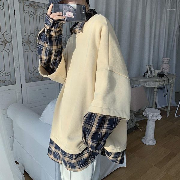 

2020 men's two paper piece coats lattice printing tide hoodies cotton clothes casual pullover balck/apricot color sweatshirts1, Black