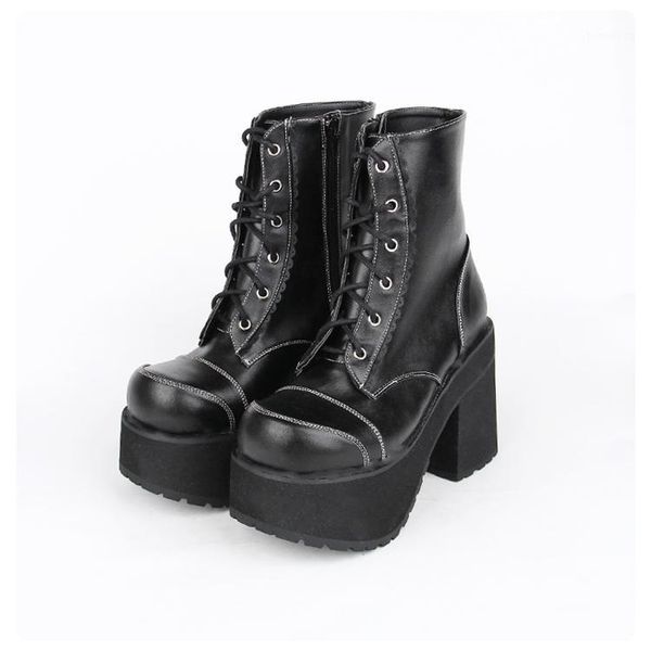

boots fashion women leather platform short ladies black shoes punk autumn high heels lace-up thick bottom wedge1