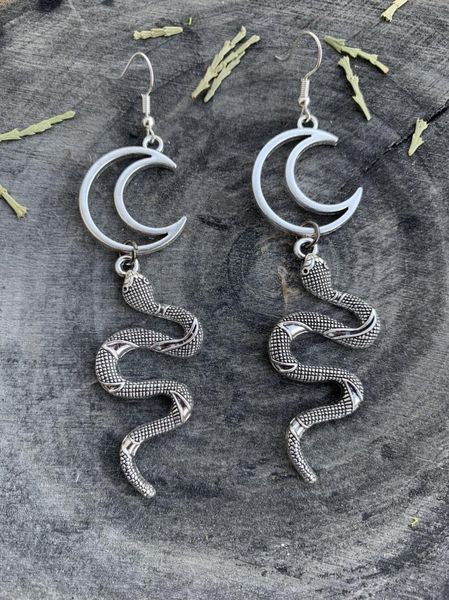 

dangle & chandelier snake moon earrings,witch, pagan, alternative, gothic, Silver