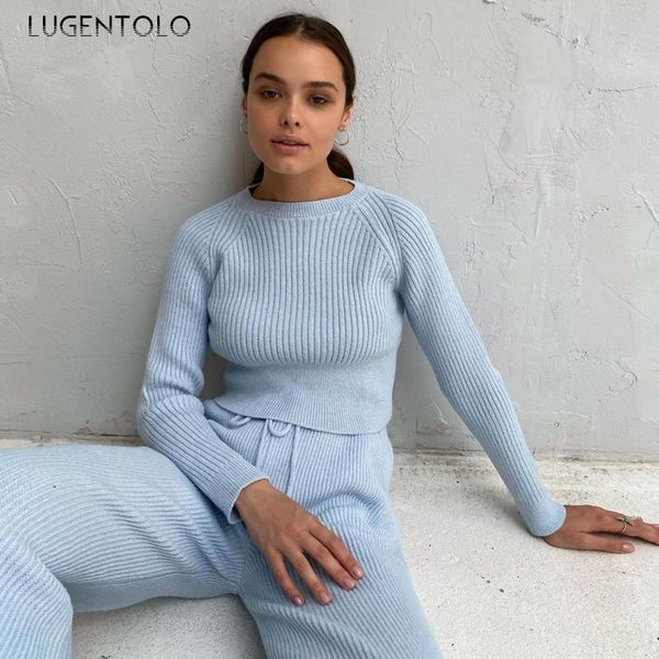 

women set two-piece autumn winter women's wide leg pants long sleeve slim warm sweater solid color female sets lugentolo, White;black