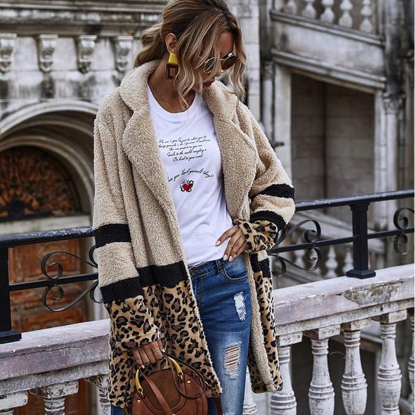 

ladies fur coat loose cardigan outwear mid-length plush jacket leopard print european and american plus-size winter warm jacket, Black