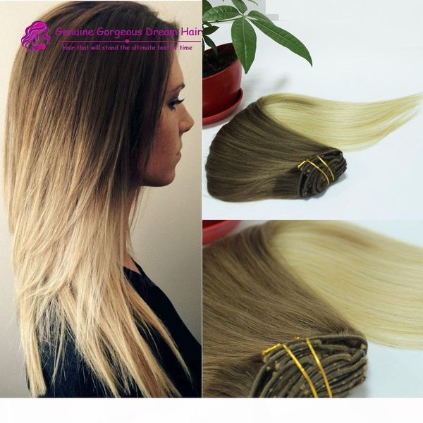 

2 tone t4 613 human hair extensions ombre clip in indian remy human hair extensions 120g=7pcs set stock, Black;brown