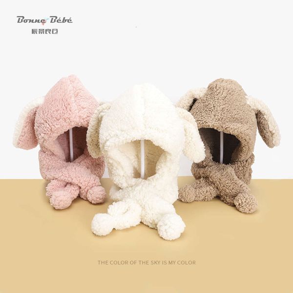 

children's scarf in one new lamb warm milk cute dog baby winter hat double ball cross neck, Red;brown