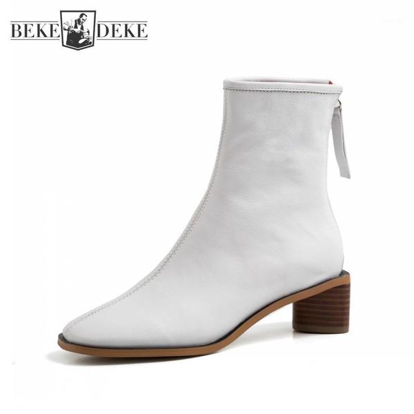 

2020 autumn genuine leather cowhide ankle boots women solid color simple black white fashion shoes design square toe block heels1