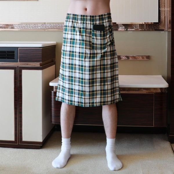 

cotton men pajamas sleep bottoms man plaid short pants bathrobe culottes male side split sleep bottoms pocket dress nightdress1, Black;brown