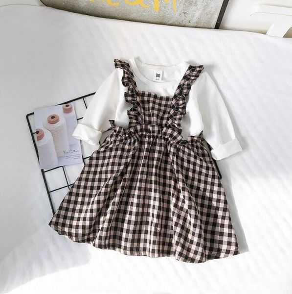 

2021 new girls 2 pcs set t shirt+ plaid dress spring cotton fashion full sleeve girls suits 0-5 years qi606, White