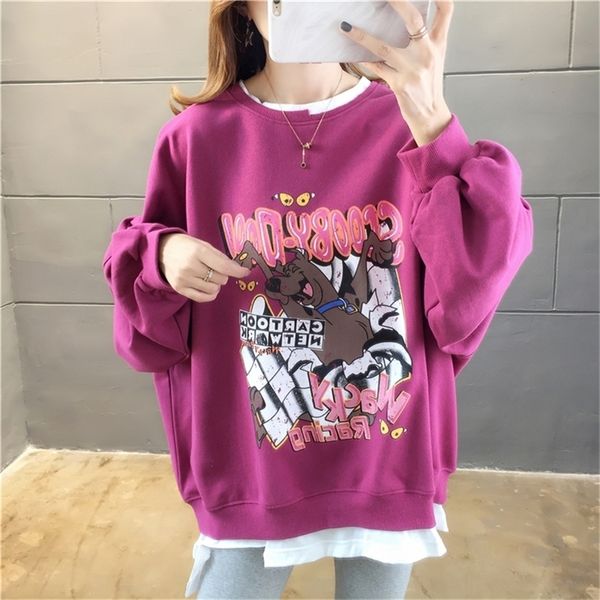 Felpe con cappuccio Hip Hop Oversize per il tempo libero Donna Primavera Lucky Dog Stampato Girocollo Manica lunga Felpe allentate Stile Preppy Ragazza 201217