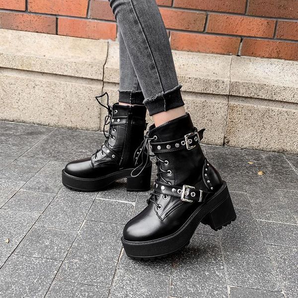 

black punk lace up platform boots women round toe rivets buckle ankle boots for women goth