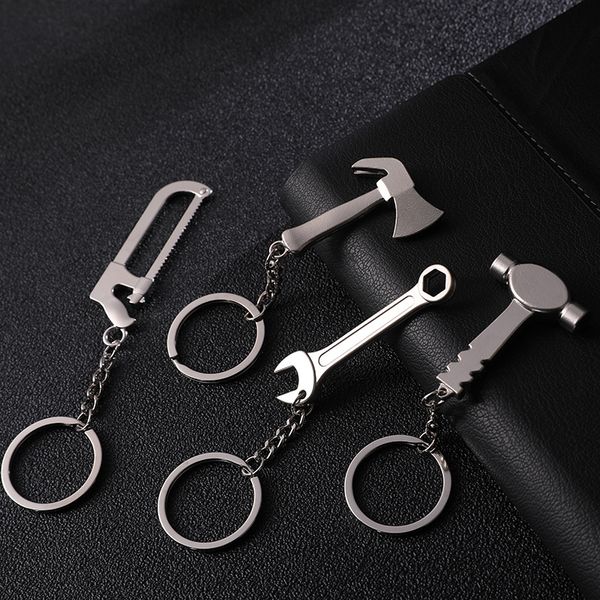 

keychains for men car bag keyring outdoor combination tool portable mini utility pocket clasp ruler hammer wrench pliers shovel, Silver