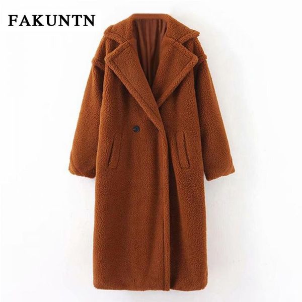 

women's fur & faux lamb coat jacket 2021 casual turn down collar long from artificial teddy winter women, Black