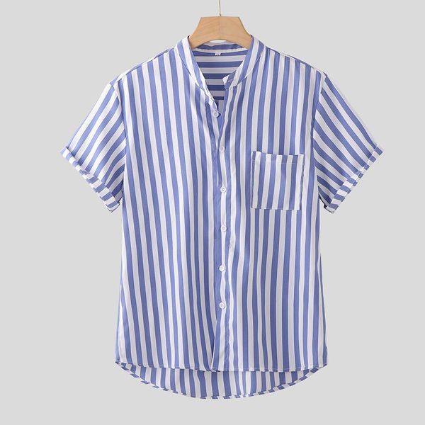 

mens shirt hawaiian striped print chest pocket short sleeve round hem loose summer shirts mens blouse blusa camisa, White;black