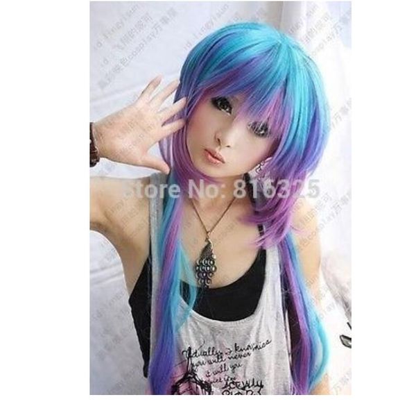 Parrucca cosplay lunga blu viola mix di Vocaloid 3 AOKI LAPIS