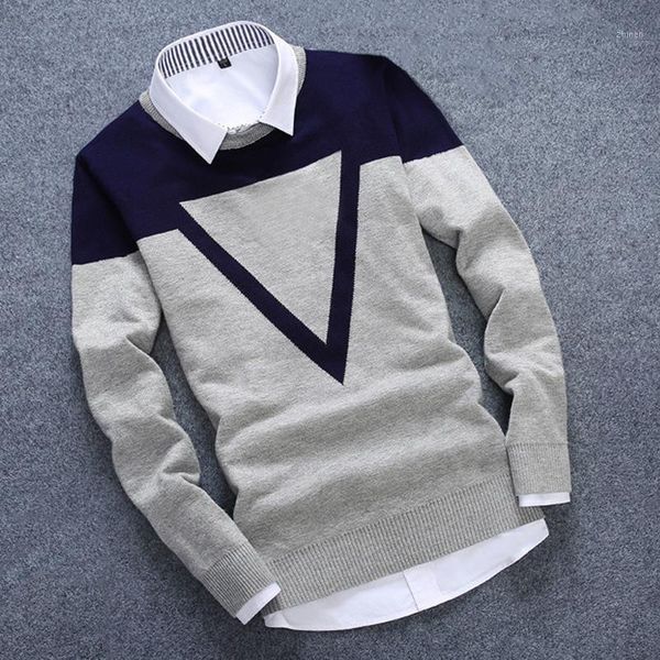 

new knitted man sweater triangle fashion men casual cotton autumn mens sweaters fake shirt collar keep warm winter pull homme1, White;black