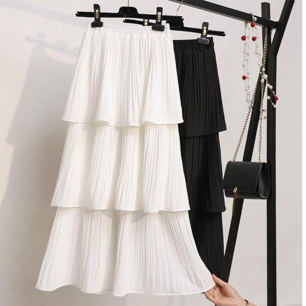 

ewq] 2021 spring new sweet long soft layer skirt elastic waist princess ladies skirts chic lotus irregular leaf long skirts qv2, Black