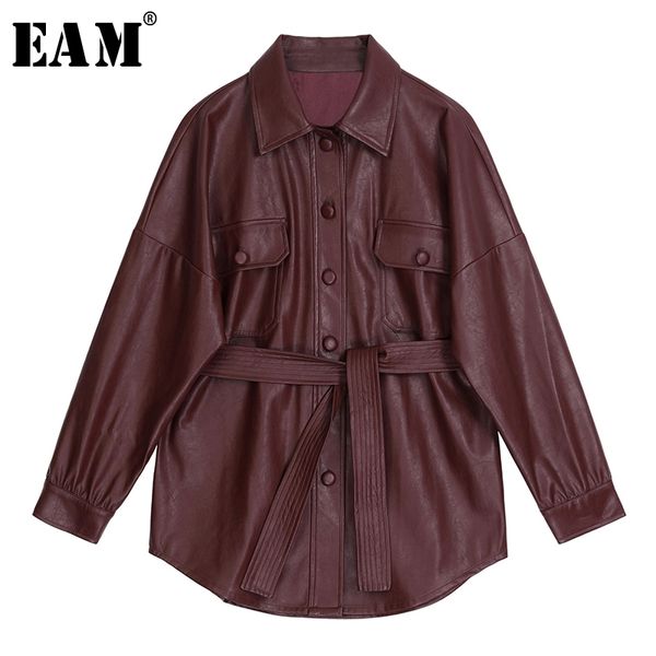 

[eam] 2020 new autumn winter lapel long sleeve wine red pu leather belt loose big size jacket women coat fashion tide jx453 y200101, Black;brown
