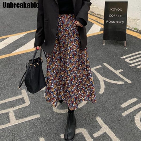 

skirts vintage floral print women skirt high waist spring summer female midi holiday ladies bottoms 2021, Black