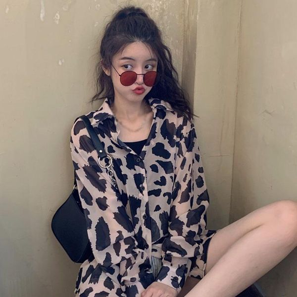

loose retro leopard print women's summer sunscreen long-sleeved shirt jacket, White