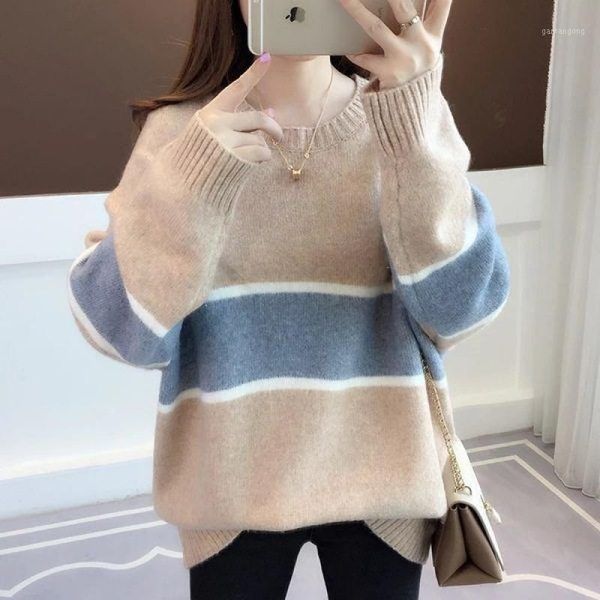 

2021 spring new loose knitted sweater women round neck long sleeve striped casual thicken warm ladies pullovers ropa para mujer1, White;black