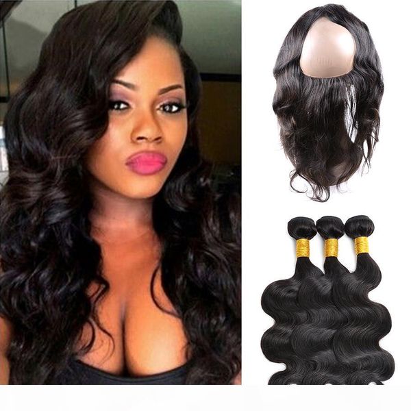 

brazilian virgin human hair 360 frontal closure with 3 bundles with frontal unprocessed hair body wave natural color by msjoli, Black;brown