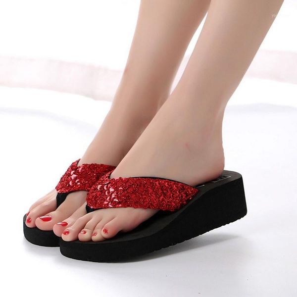 

2020 women slipper eva flip flops summer outdoor women slipper lady sequins platform wedge beach woman shoes1, Black