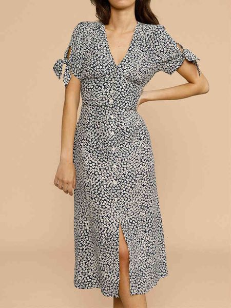 

casual dresses women floral print v-neck midi dress spring summer ladies lace-up short sleve single-breasted slim waist split robe a8e2, Black;gray