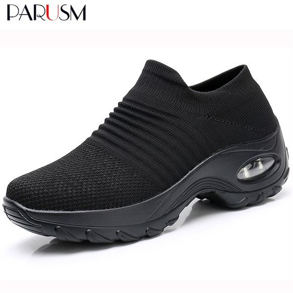 

spring women sneakers shoes autumn flat slip on platform tenis for women breathable mesh sock sneakers shoes zapatos de mujer lj200812, Black