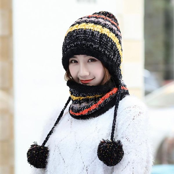

thick warm beanies hats warm knit hat lady winter velvet knit bike cap bib women female knitted bonnet beanie caps, Blue;gray