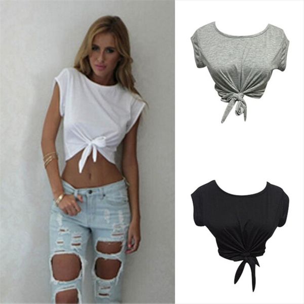 

women knotted tie front crop cropped t shirt casual blouse tanks camis white grey color