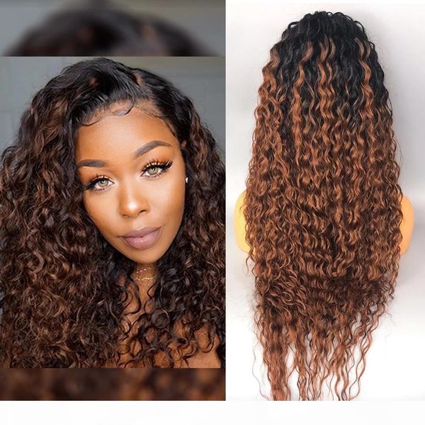 

curly human hair wigs for black women 150% density ombre brown 360 lace frontal wigs curly lace front wigs 10a brazilian hair, Black;brown