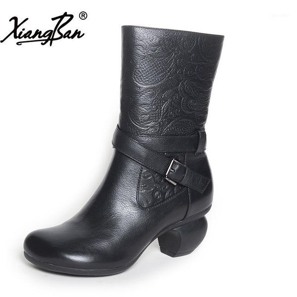 

boots vintage mid calf femal high heels winter woman shoes genuine leather short plush inside comfortable zipper xiangban1, Black